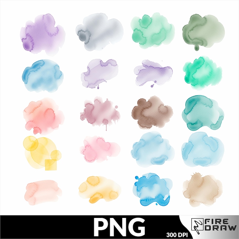 May include: A collection of watercolor blobs in various colors, including purple, blue, green, and pink, arranged on a white background. The image is labeled "PNG" at the bottom, indicating a transparent background. The image is labeled "300 DPI" and "FIRE DRAW".