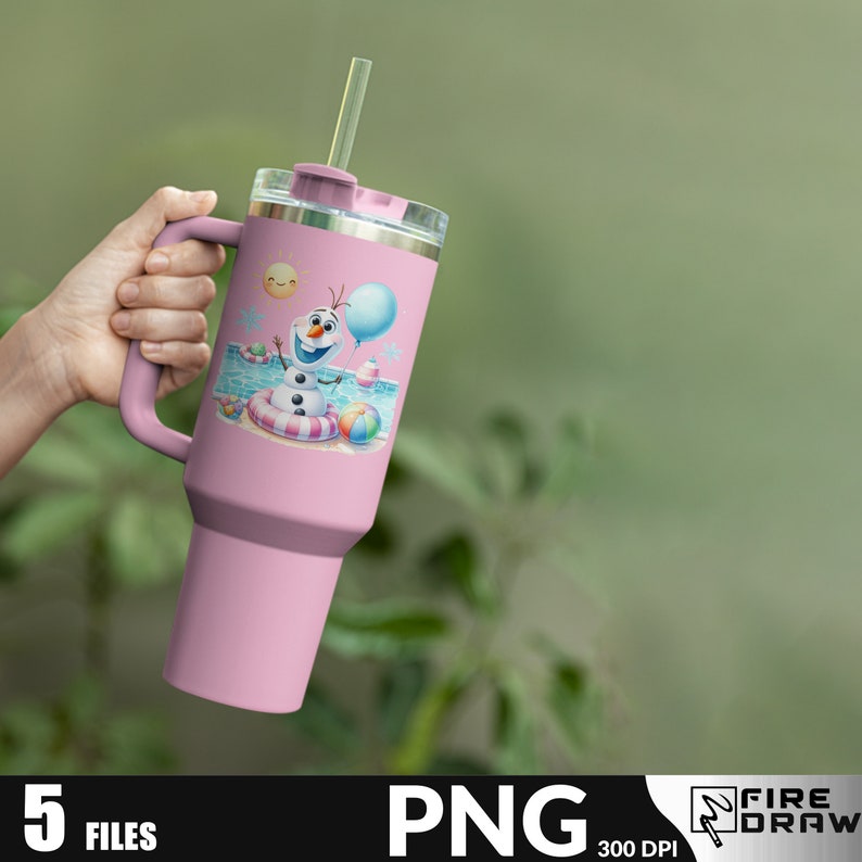May include: Pink stainless steel tumbler with a handle and a straw. The tumbler features a cartoon image of Olaf from Frozen wearing a life preserver and holding a blue balloon. The image also includes a sun, a pool, and beach balls.