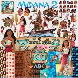Moana PNG Super Bundle and SVG, Clipart files , Birthday Invitation, Coloring Page, Digital Paper, Font, Moana 1&2, Maui PNG, Party Decor.
