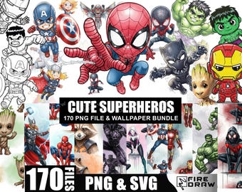Paquete de imágenes prediseñadas PNG de superhéroes y arte lineal SVG, con fondo de pantalla para Cricut, diseño de sublimación, impresión artística perfecta, descarga instantánea.