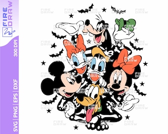 May include: A group of Disney characters dressed in skeleton costumes for Halloween. Mickey Mouse, Minnie Mouse, Donald Duck, Goofy, and Pluto are all wearing black and white skeleton costumes with orange accents. The characters are surrounded by bats and stars.
