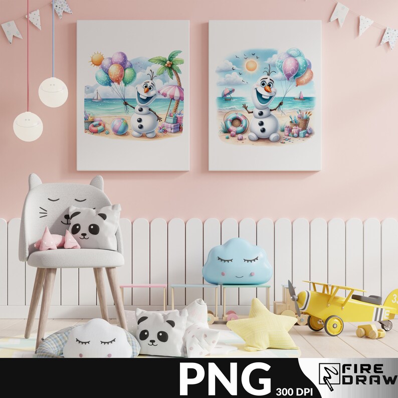 May include: Two framed illustrations of a snowman holding balloons on a beach. The illustrations are hanging on a pink wall above a white picket fence. There are several toys in the room, including a gray chair with a panda pillow, a blue cloud-shaped pillow, and a yellow toy airplane.