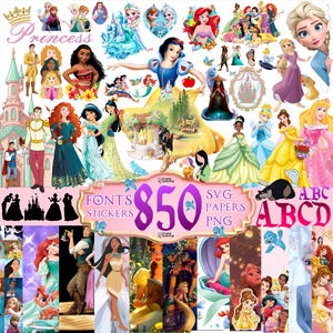 Op de afbeelding: Een collage van verschillende Disney-prinsessen, waaronder Sneeuwwitje, Ariel en Elsa, met het woord "Princess" bovenaan. De afbeelding bevat ook de tekst "850 SVG Papers PNG" en "Fonts Stickers".