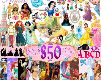 Ultimate Princess Bundle 850 Files, All Princesses PNG SVG, Cartoon Clipart, Stickers, Fonts, Birthday Party & Movie Themed Collection