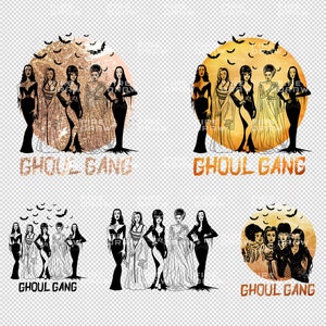 Może przedstawiać: Cztery r&oacute;żne projekty graficzne przedstawiające grupę kobiet przebranych za ghoule z tekstem "Ghoul Gang" w błyszczącej czcionce.