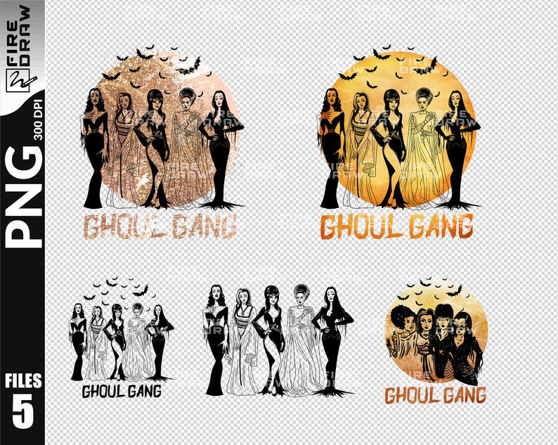 Może przedstawiać: Cztery r&oacute;żne projekty graficzne przedstawiające grupę kobiet przebranych za ghoule z tekstem "Ghoul Gang" w błyszczącej czcionce.
