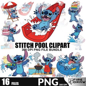 Stitch and lilo Pool verjaardag clipart png-bundelbestanden, engel png, Stitch Summer Party caketopper, Stitch met cake, Instant Download