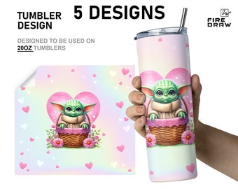Baby Yoda Valentine's Day with flowers PNG tumbler 20oz files, love pink hearts Watercolor Prints png, Space love, Sublimation Design