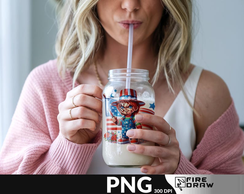 May include: A clear glass mason jar with a straw, featuring a graphic of a doll in a patriotic outfit. The jar has an American flag design and is filled with a white liquid. The image includes the text "PNG" and "FIRE DRAW".