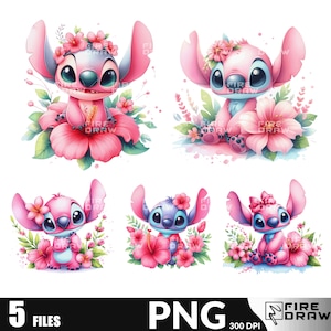 Ilustración de acuarela de niña con flores de punto rosa PNG, Lilo & Stitch Floral, Stitch Tumbler Wrap, arte de pared PNG Descarga digital