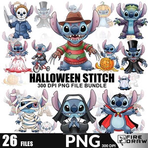 Stich Halloween Herbst Clipart Bundle PNG-Dateien, lustige Horrorfilm Charaktere, niedlich gruselige Thanksgiving Kürbis Stich Herbst Sublimation