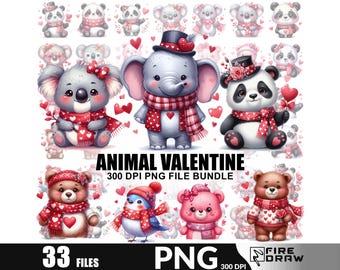 Watercolor Animal Valentine PNG, Cute elephant, panda, bear, koala Clipart, Pink Valentine Sublimation Designs, Coquette PNG, Commercial Use