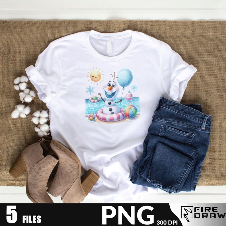 May include: A white t-shirt with a cartoon image of Olaf from Frozen wearing a pink and white inflatable ring and holding a blue balloon. The image also includes a yellow sun, snowflakes, and a blue pool.