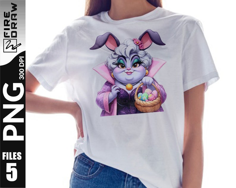 May include: A white t-shirt with a cartoon image of a purple bunny wearing a pink and black dress and holding a basket of colorful Easter eggs.