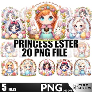 Puede incluir: Un conjunto de 20 imágenes digitales que presentan a varias princesas Disney vestidas con atuendos de Pascua. Las princesas están rodeadas de flores, huevos y conejos. Las imágenes están en formato PNG y tienen una resolución de 300 DPI.