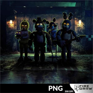 Może przedstawiać: Cyfrowa ilustracja czterech animatronicznych postaci z serii Five Nights at Freddy's. Postacie są oświetlone świecącymi oczami i stoją przed budynkiem w nocy. Jedna postać trzyma dyniową latarnię.