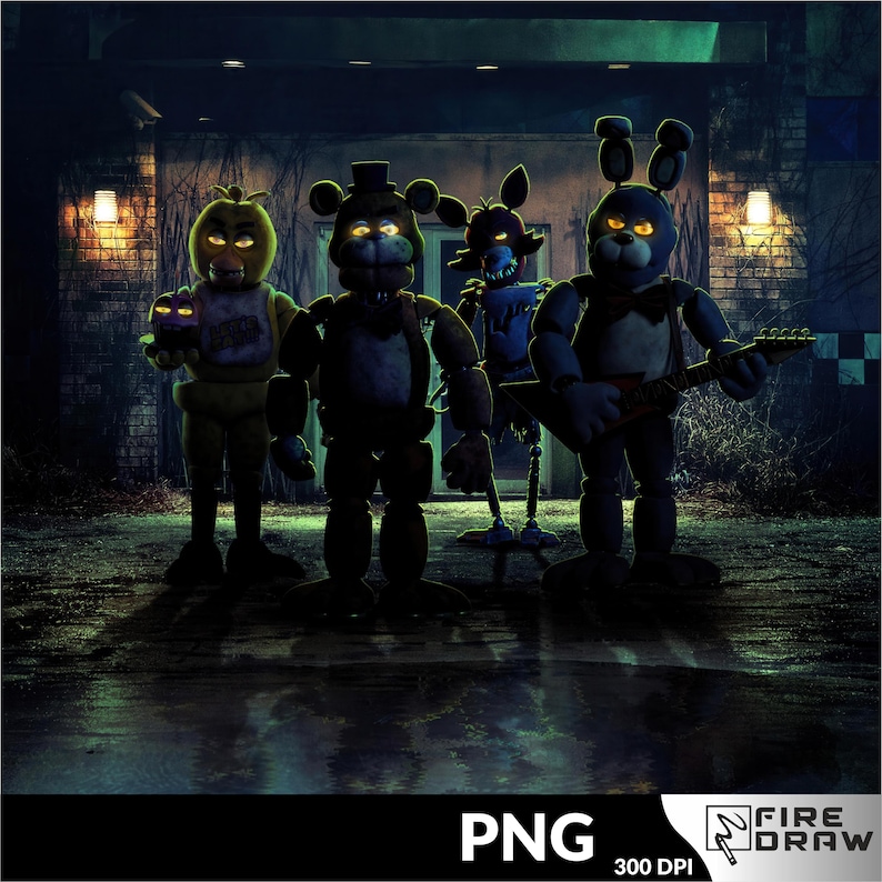 Może przedstawiać: Cyfrowa ilustracja czterech animatronicznych postaci z serii Five Nights at Freddy's. Postacie są oświetlone świecącymi oczami i stoją przed budynkiem w nocy. Jedna postać trzyma dyniową latarnię.