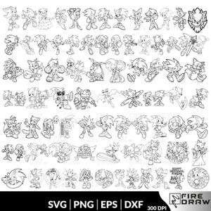 May include: A collection of black and white line art illustrations featuring various characters from the Sonic the Hedgehog franchise. The image includes multiple poses and designs of Sonic, Tails, Knuckles, and other characters. The bottom of the image displays "SVG | PNG | EPS | DXF" and "300 DPI".
