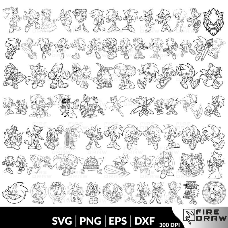 May include: A collection of black and white line art illustrations featuring various characters from the Sonic the Hedgehog franchise. The image includes multiple poses and designs of Sonic, Tails, Knuckles, and other characters. The bottom of the image displays "SVG | PNG | EPS | DXF" and "300 DPI".