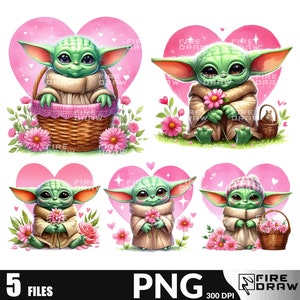 May include: Five digital illustrations of a green baby Yoda character in various poses. Each image features a pink heart-shaped background with white hearts and a floral design. The baby Yoda character is holding a flower, a basket, or a basket with a small cat inside.