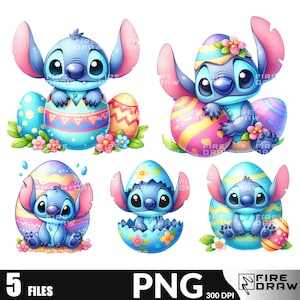Könnte beinhalten: Fünf digitale Illustrationen von Stitch aus Lilo & Stitch, der in Ostern-Outfits gekleidet ist. Stitch hält oder sitzt in dekorierten Ostereiern. Die Eier sind mit Pastellfarben und Mustern verziert.