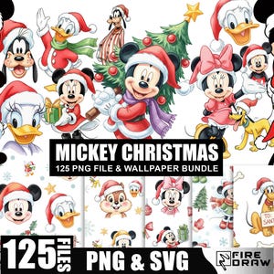 Könnte beinhalten: Eine Sammlung digitaler Grafiken zum Thema Weihnachten mit Mickey Mouse, Minnie Mouse, Donald Duck, Goofy und Pluto. Die Charaktere tragen Weihnachtsmützen und festliche Kleidung. Der Text "MICKEY CHRISTMAS 125 PNG FILE & WALLPAPER BUNDLE" wird angezeigt. Enthält auch den Text "125 PNG & SVG".