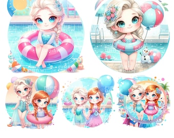 Fiesta en la piscina de verano congelada PNG: Elsa, Anna, Olaf (Descarga digital)