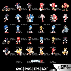 May include: A selection of digital illustrations featuring characters from the Sonic the Hedgehog video game series. The characters, including Sonic, Shadow, and Knuckles, are depicted in dynamic poses. The image also includes the text "FIRE DRAW" and "SONIC 3".
