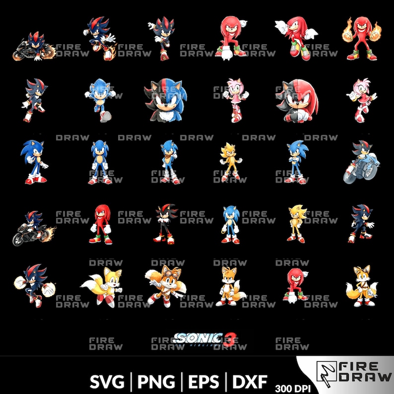 May include: A selection of digital illustrations featuring characters from the Sonic the Hedgehog video game series. The characters, including Sonic, Shadow, and Knuckles, are depicted in dynamic poses. The image also includes the text "FIRE DRAW" and "SONIC 3".