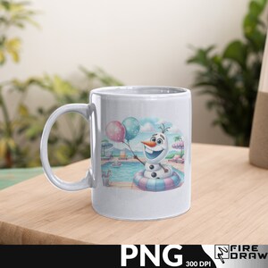 May include: White ceramic mug with a colorful illustration of Olaf from Frozen holding balloons and floating in a pool. The mug has a handle on the left side.
