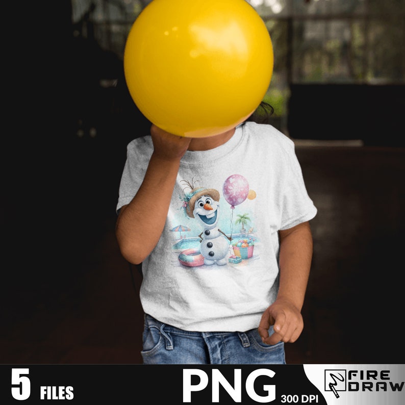 May include: A white t-shirt with a cartoon image of Olaf from Frozen holding a beach ball and a balloon. The image is in a watercolor style and features Olaf wearing a straw hat and sunglasses.