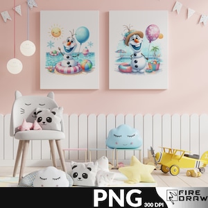 May include: Two framed illustrations of Olaf from Frozen, a snowman, in a summer setting. The illustrations are on a pink wall with a white picket fence and a yellow airplane toy in the foreground.