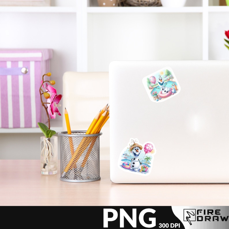 May include: Two digital stickers featuring a cartoon snowman in a summer setting. The snowman is wearing a straw hat and holding a pink balloon. The stickers are on a white laptop computer.