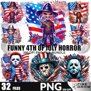 Pacchetto PNG con personaggi del film horror del 4 luglio. Divertente maglietta a sublimazione con cattivi patriottici e slasher, Tumbler, bandiera americana da scaricare su Cricut.