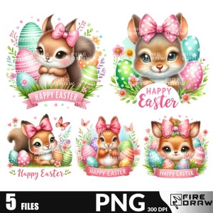 Könnte beinhalten: Fünf digitale Illustrationen von niedlichen Cartoon-Eichhörnchen, die rosa Schleifen tragen und von bunten Ostereiern umgeben sind. Jedes Bild zeigt den Text "Frohe Ostern" auf einem rosa Banner.