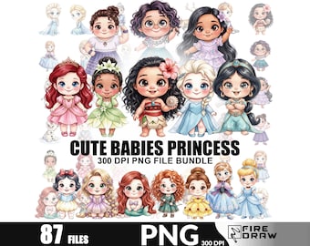 Paquete de imágenes PNG de acuarela de lindas princesas bebés, imágenes prediseñadas para baby shower de princesas, pegatinas, fuentes, colección de fiestas de cumpleaños y películas.