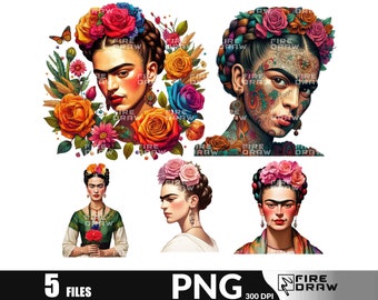 Frida Kahlo Watercolor Clipart: Mexican Floral PNG Bundle (Digital Download)