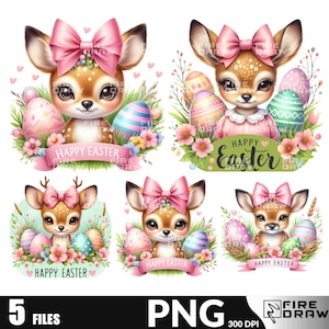 May include: Five digital illustrations of cute cartoon deer with pink bows and Easter eggs. The deer are surrounded by flowers and greenery. The text "Happy Easter" appears on each image.
