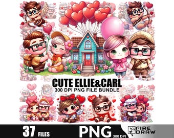 Lindos archivos PNG del paquete de San Valentín de Carl y Ellie, pareja retro rosa, corazón rosa, archivos de sublimación de amor para camisetas, descarga instantánea
