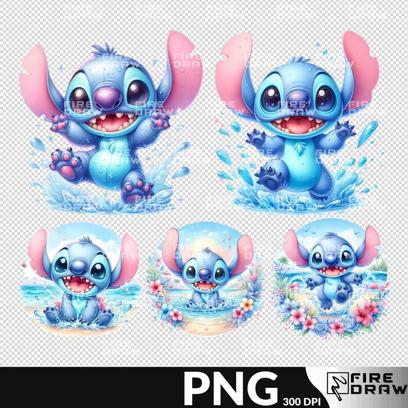 Puede incluir: Cuatro ilustraciones digitales de Stitch de Lilo & Stitch. Stitch es un extraterrestre azul con orejas grandes y ojos grandes. En la imagen superior izquierda, Stitch est&aacute; saltando de una piscina de agua. En la imagen superior derecha, Stitch est&aacute; saltando de una piscina de agua. En la imagen inferior izquierda, Stitch est&aacute; sentado en una playa con un oc&eacute;ano azul de fondo. En la imagen inferior derecha, Stitch est&aacute; corriendo en una playa con un oc&eacute;ano azul de fondo.