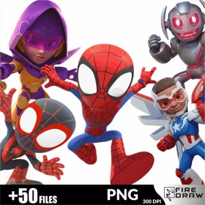May include: A digital illustration featuring several cartoon superheroes, including Spider-Man, Miles Morales, and Captain America. The image has the text "+50 FILES" and "PNG" at the bottom.