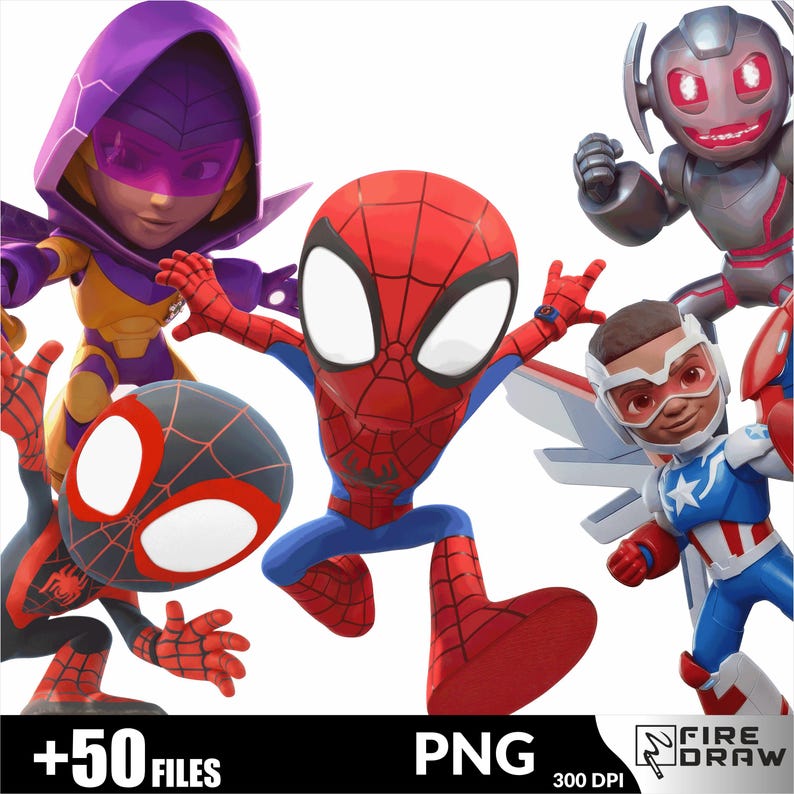 May include: A digital illustration featuring several cartoon superheroes, including Spider-Man, Miles Morales, and Captain America. The image has the text "+50 FILES" and "PNG" at the bottom.
