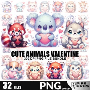 Pastel Watercolor Animal Valentine PNG, Cute Animal cat, dog, bear Clipart, Valentine Sublimation Designs, Coquette PNG, Commercial Use