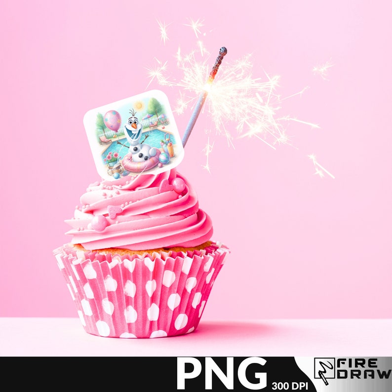 May include: A pink cupcake with white polka dots topped with pink frosting and a square image of Olaf from Frozen wearing a life preserver and sunglasses. A silver sparkler is sticking out of the top of the cupcake.
