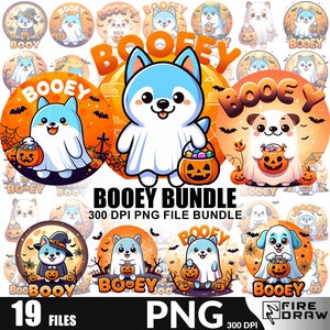 Blue Dog Ghost Halloween Art Print - Cute Cartoon Character with Pumpkin Candy Bucket & Spooky Moon Background - 'BOOEY' Halloween Decor