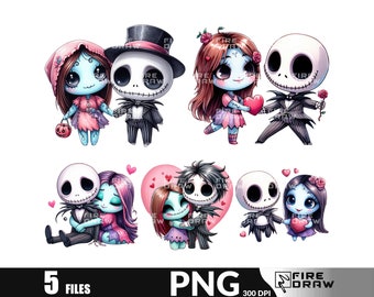Jack y Sally Valentines PNG: Diseño de camiseta de Pesadilla antes de Navidad (Descarga digital)