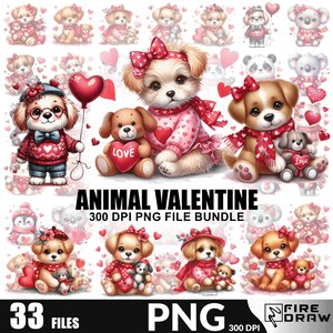 Watercolor Animal Valentine PNG, Cute elephant, cat, dog, panda Clipart, Pink Valentine Sublimation Designs, Coquette PNG, Commercial Use