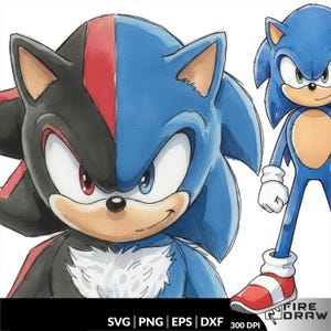 May include: Illustration of two blue hedgehogs, one split black and red, the other solid blue, with a third blue hedgehog standing. The image has a white background. The image includes the text "SVG | PNG | EPS | DXF" and "300 DPI".