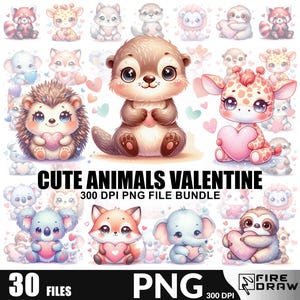 Pastel Watercolor Animal Valentine PNG, Cute Animal cat, dog, bear Clipart, Valentine Sublimation Designs, Coquette PNG, Commercial Use