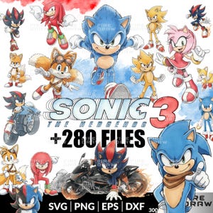 May include: A digital art collection featuring characters from the Sonic the Hedgehog series. The image includes Sonic, Tails, Knuckles, Shadow, and Amy Rose, with the text "SONIC 3 THE HEDGEHOG +280 FILES". The artwork is in a cartoon style.